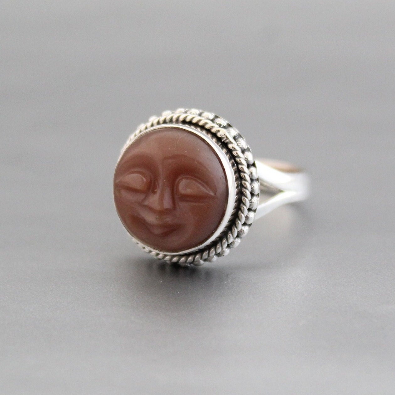 Handmade Peach Moonstone Face Ring, 925 Sterling Silver Celestial Jewelry, June Birthstone