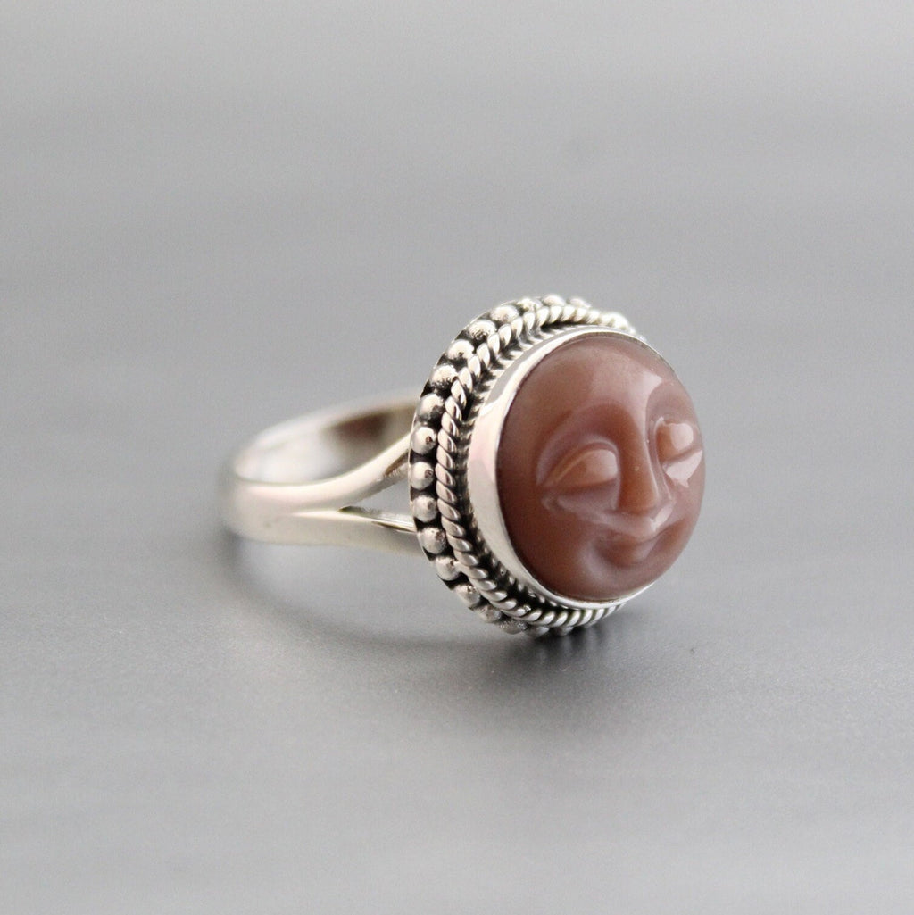 Handmade Peach Moonstone Face Ring, 925 Sterling Silver Celestial Jewelry, June Birthstone