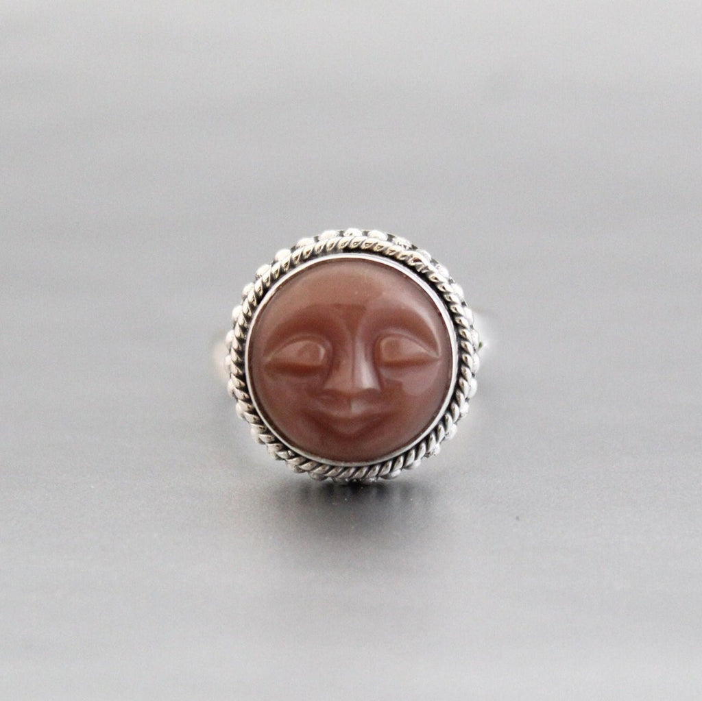 Handmade Peach Moonstone Face Ring, 925 Sterling Silver Celestial Jewelry, June Birthstone