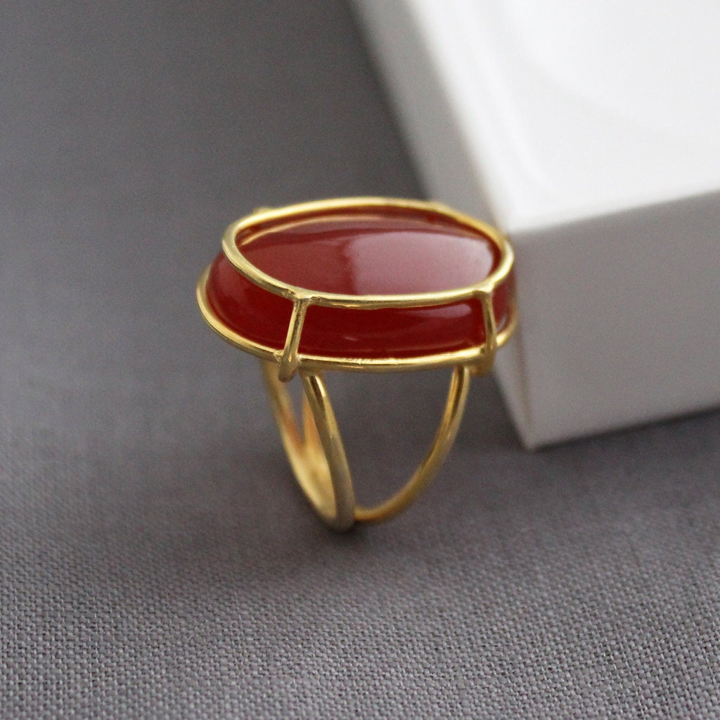 Carnelian Ring, Large Oval Cabochon, Gemstone Ring, 18k Gold Plated Ring, Statement Boho Ring, 925 Sterling Silver Ring