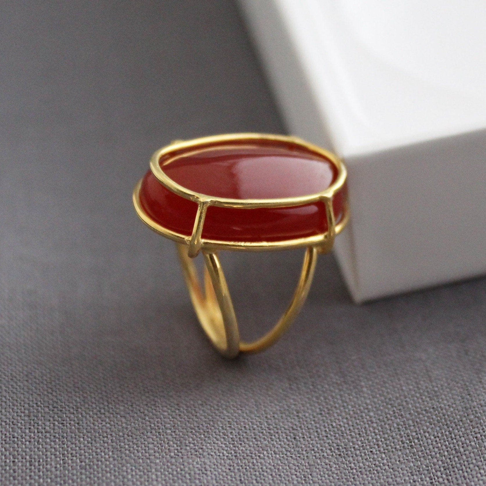 Carnelian Ring, Large Oval Cabochon, Gemstone Ring, 18k Gold Plated Ring, Statement Boho Ring, 925 Sterling Silver Ring