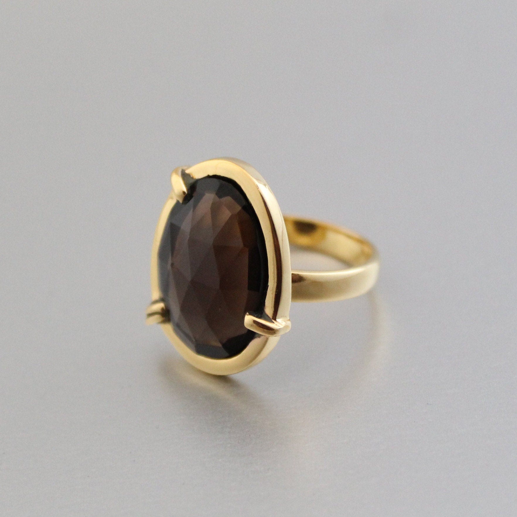 Smokey Quartz Ring, Sterling Silver Gold Plated, Handmade Statement, birthday gift, birthstone jewelry, Gifts for women