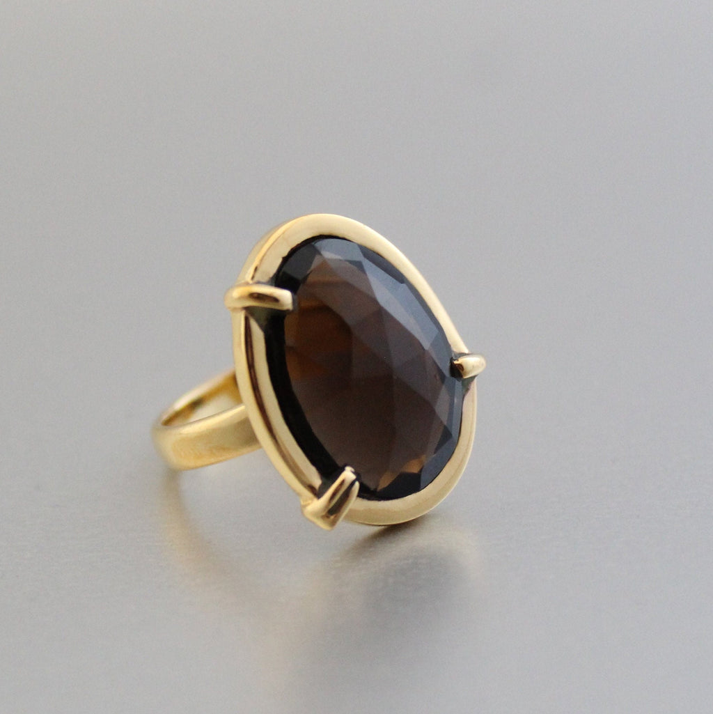 Smokey Quartz Ring, Sterling Silver Gold Plated, Handmade Statement, birthday gift, birthstone jewelry, Gifts for women