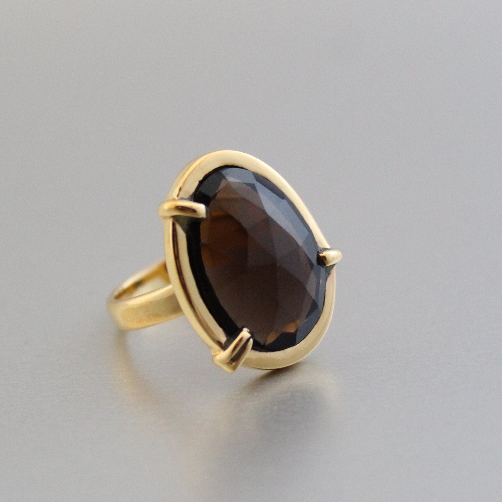 Smokey Quartz Ring, Sterling Silver Gold Plated, Handmade Statement, birthday gift, birthstone jewelry, Gifts for women
