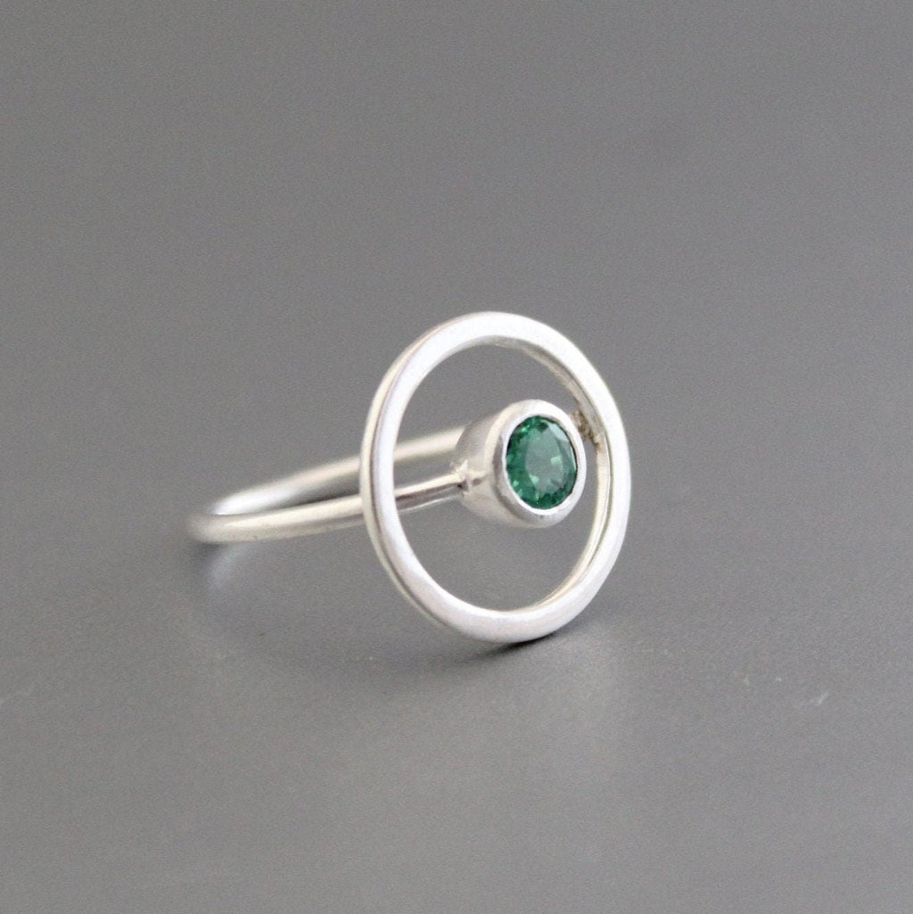 Natural Emerald Sterling Silver Ring, Modern May Birthstone Jewelry, emerald engagment ring