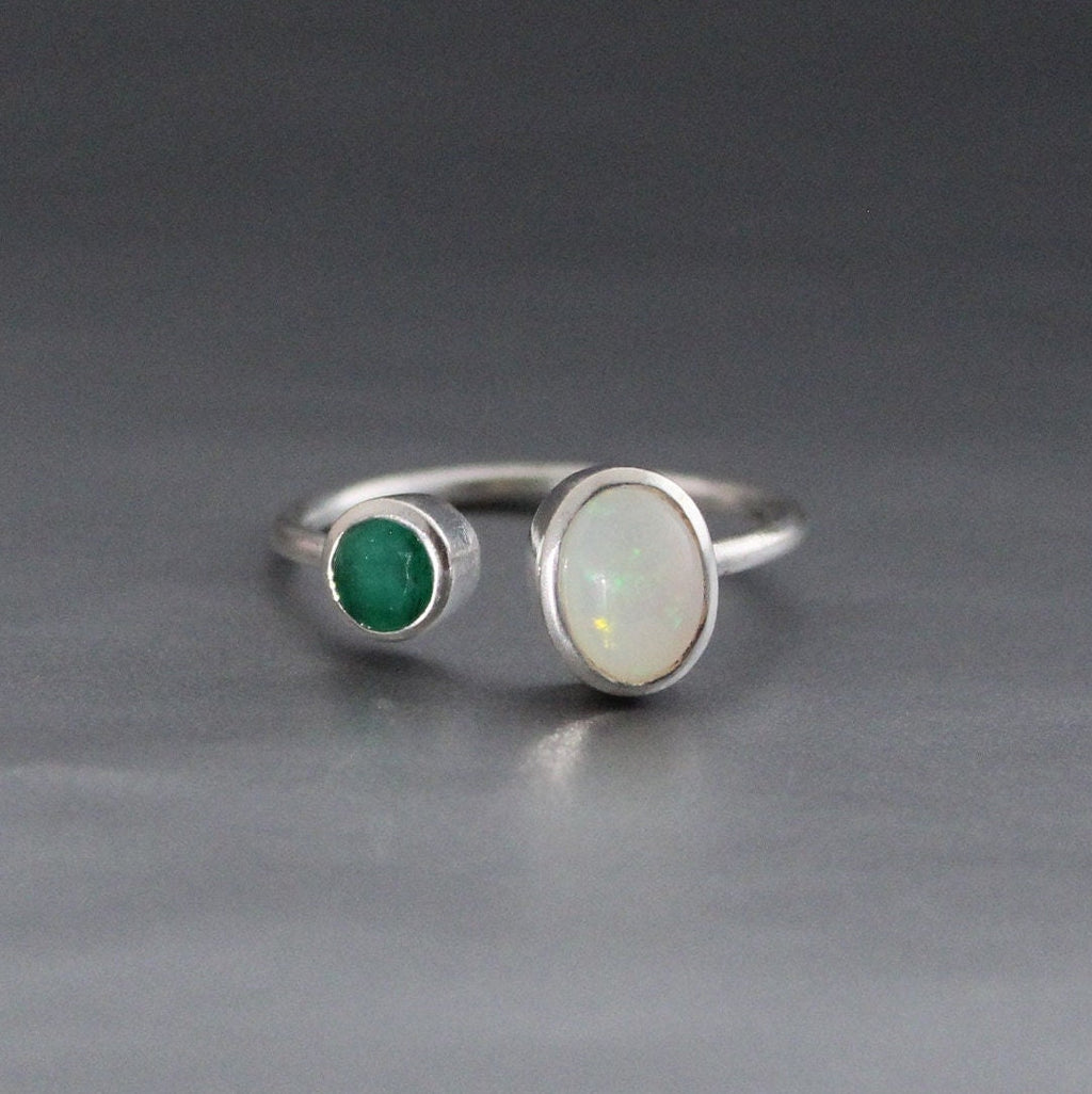Emerald and Ethiopian Opal Ring, Sterling Silver Adjustable Band, Emerald Engagment Ring, Unique Gift For Her