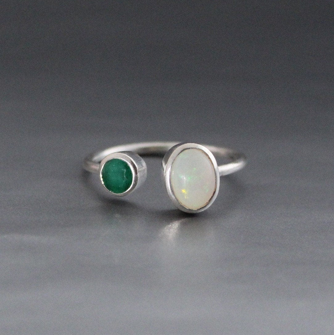 Emerald and Ethiopian Opal Ring, Sterling Silver Adjustable Band, Emerald Engagment Ring, Unique Gift For Her