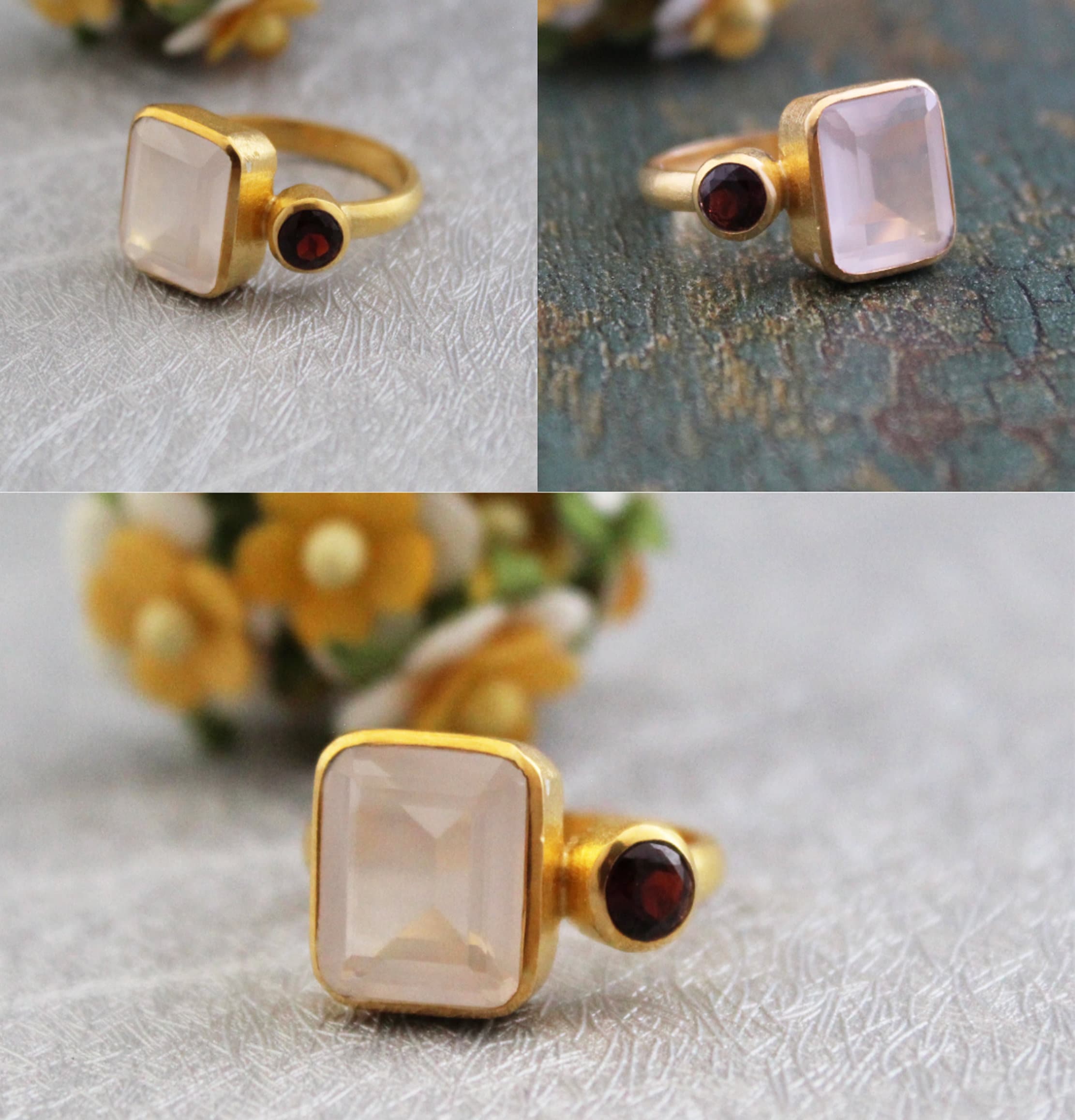 Rose Quartz Ring, Gift for Mom, Personalized Gifts, 14K Gold Boho Jewelry, Statement Vintage Style Ring, Unique Bridal or Engagement Rings