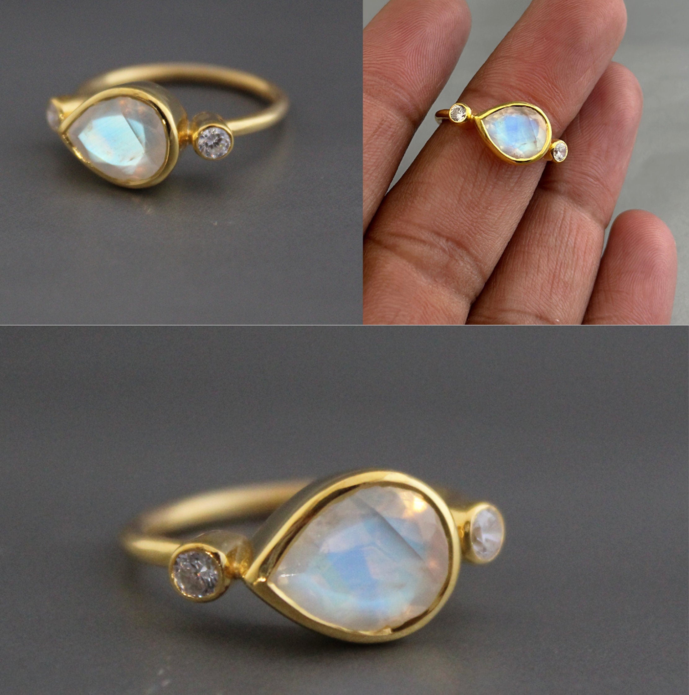 Dainty Rainbow Moonstone Ring, 18K Gold filled Sterling Silver, Pear Cut Statement ring, alternative engagement ring, June Birthstone Gift