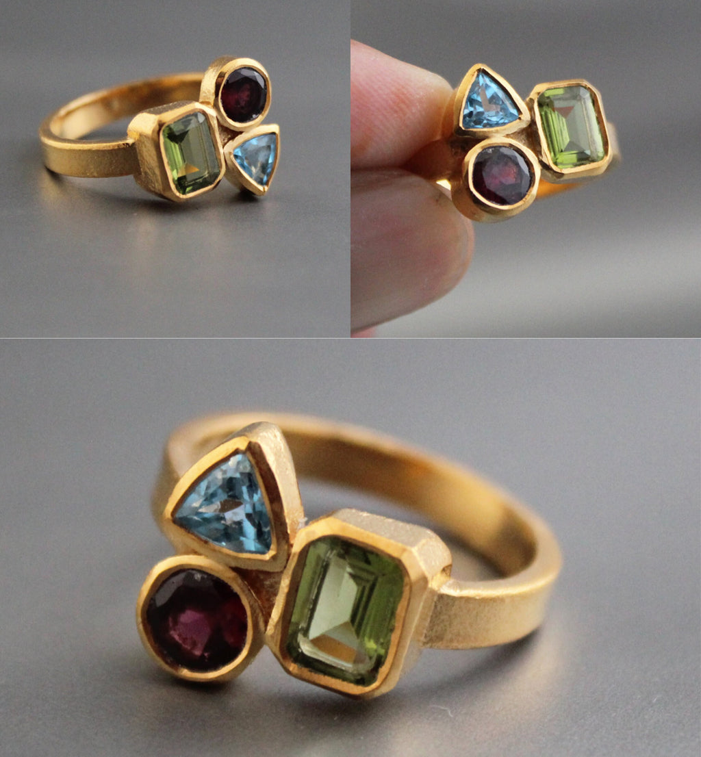 Unique Birthstone Ring, Personalized custom Three stone ring, Multi Stone Ring, Natural Gemstone Ring, Garnet Peridot Blue Topaz