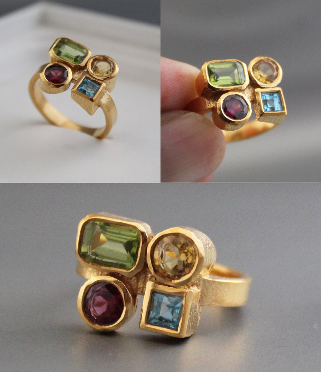 18K Gold Multi Gemstone Ring, Handmade Ring, Personalized Gift, Anniversary gift, Birthday Gift, Garnet, Citrine, Peridot, Topaz Ring