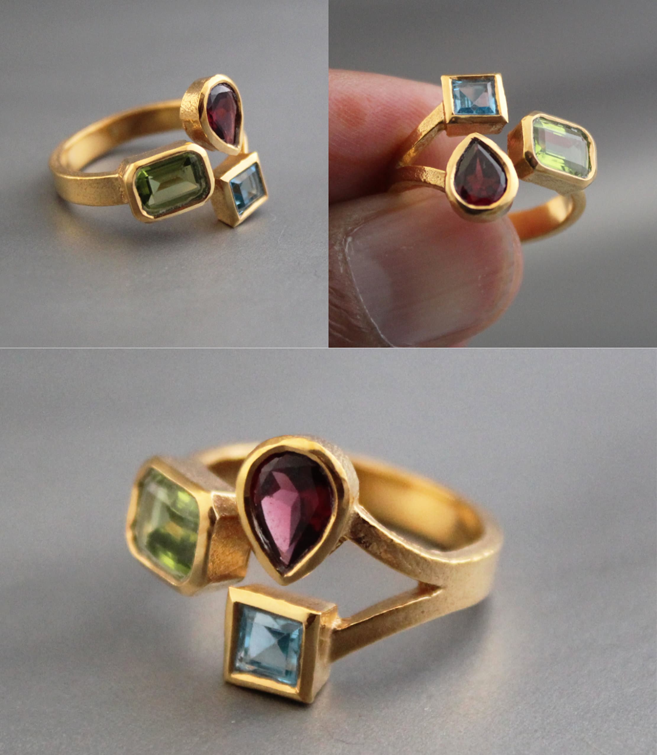 Peridot Garnet Blue Topaz Ring, Adjustable Gemstone Band, Multi Ring, Vintage Gemstone Stacking Ring, Art Deco Jewelry, Girlfriend Gifts
