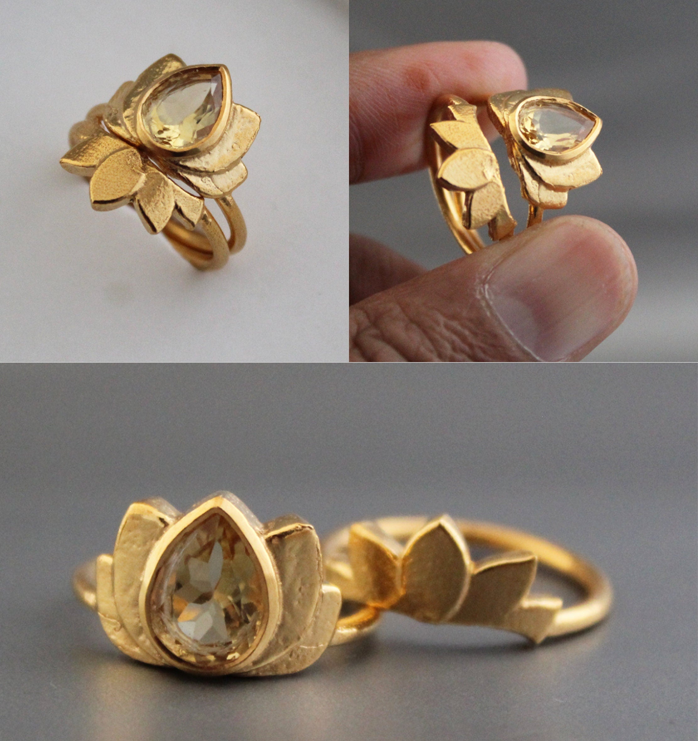 Citrine Ring Set, Pear Cut, Gold Plated, November Birthstone, Handmade Ring, Crystal ring