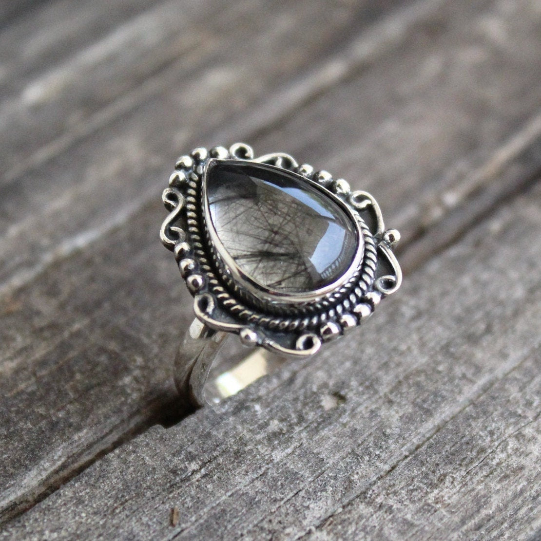 Sterling Silver Black Rutile Quartz Ring, Handmade Gemstone Jewelry, Tourmalated Black Rutile Quartz Ring 925 Sterling Silver Ring
