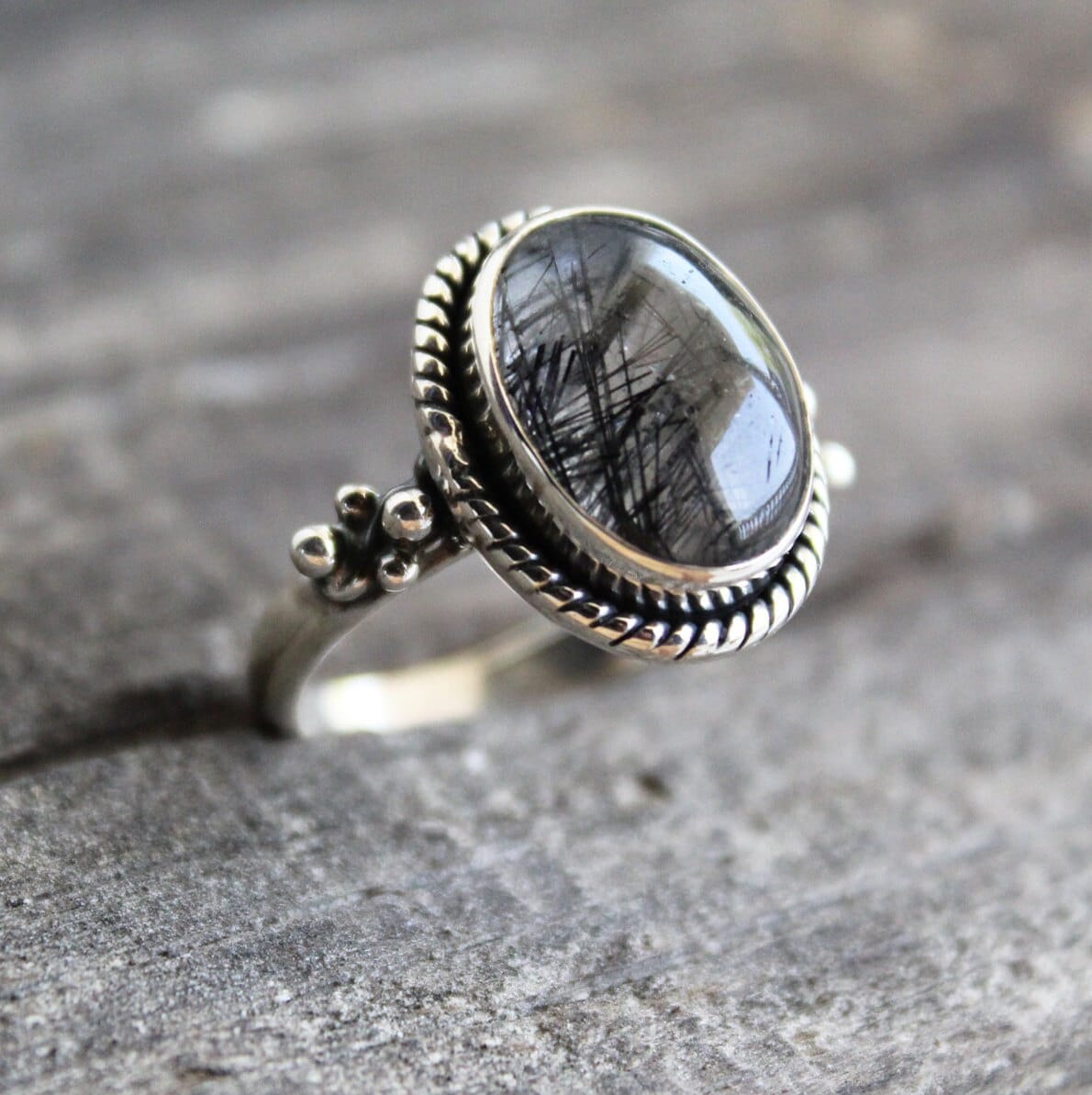 Black Rutile Quartz Ring, Oval Sterling Silver Gemstone Ring, Rutilated Quartz Ring, Handmade Gift for Her