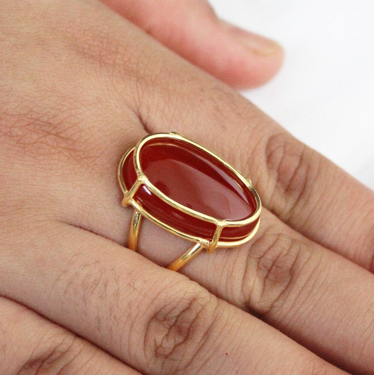 Carnelian Ring, Large Oval Cabochon, Gemstone Ring, 18k Gold Plated Ring, Statement Boho Ring, 925 Sterling Silver Ring