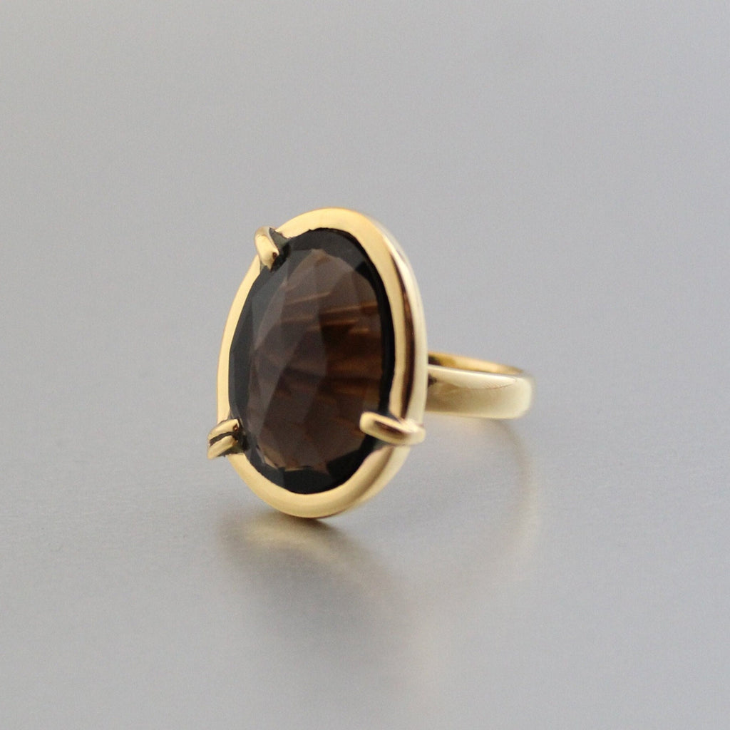 Smokey Quartz Ring, Sterling Silver Gold Plated, Handmade Statement, birthday gift, birthstone jewelry, Gifts for women