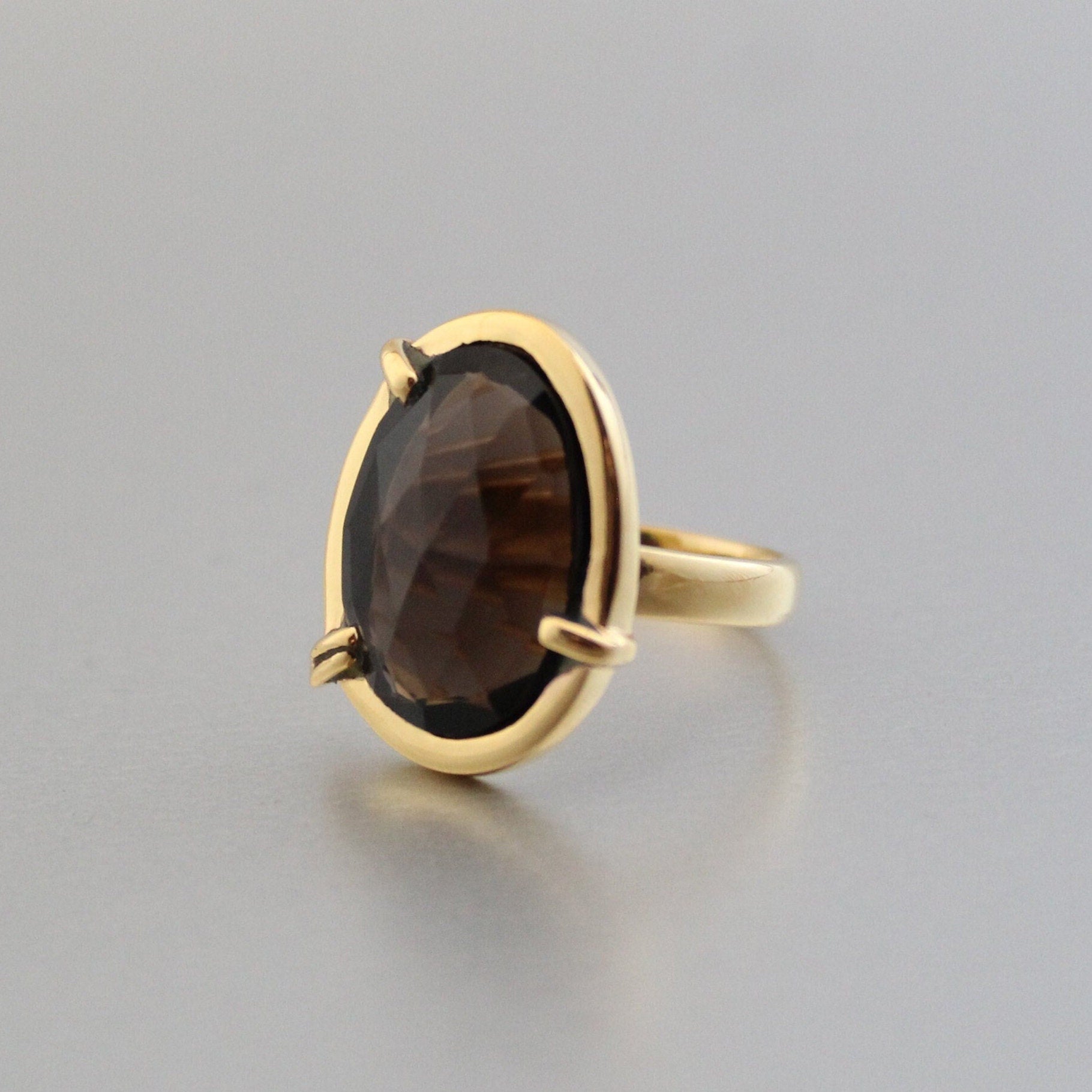 Smokey Quartz Ring, Sterling Silver Gold Plated, Handmade Statement, birthday gift, birthstone jewelry, Gifts for women