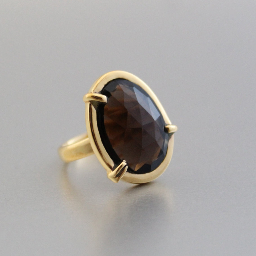 Smokey Quartz Ring, Sterling Silver Gold Plated, Handmade Statement, birthday gift, birthstone jewelry, Gifts for women
