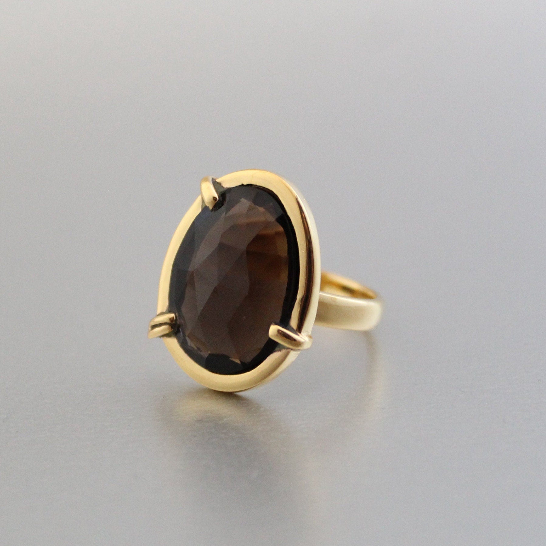 Smokey Quartz Ring, Sterling Silver Gold Plated, Handmade Statement, birthday gift, birthstone jewelry, Gifts for women
