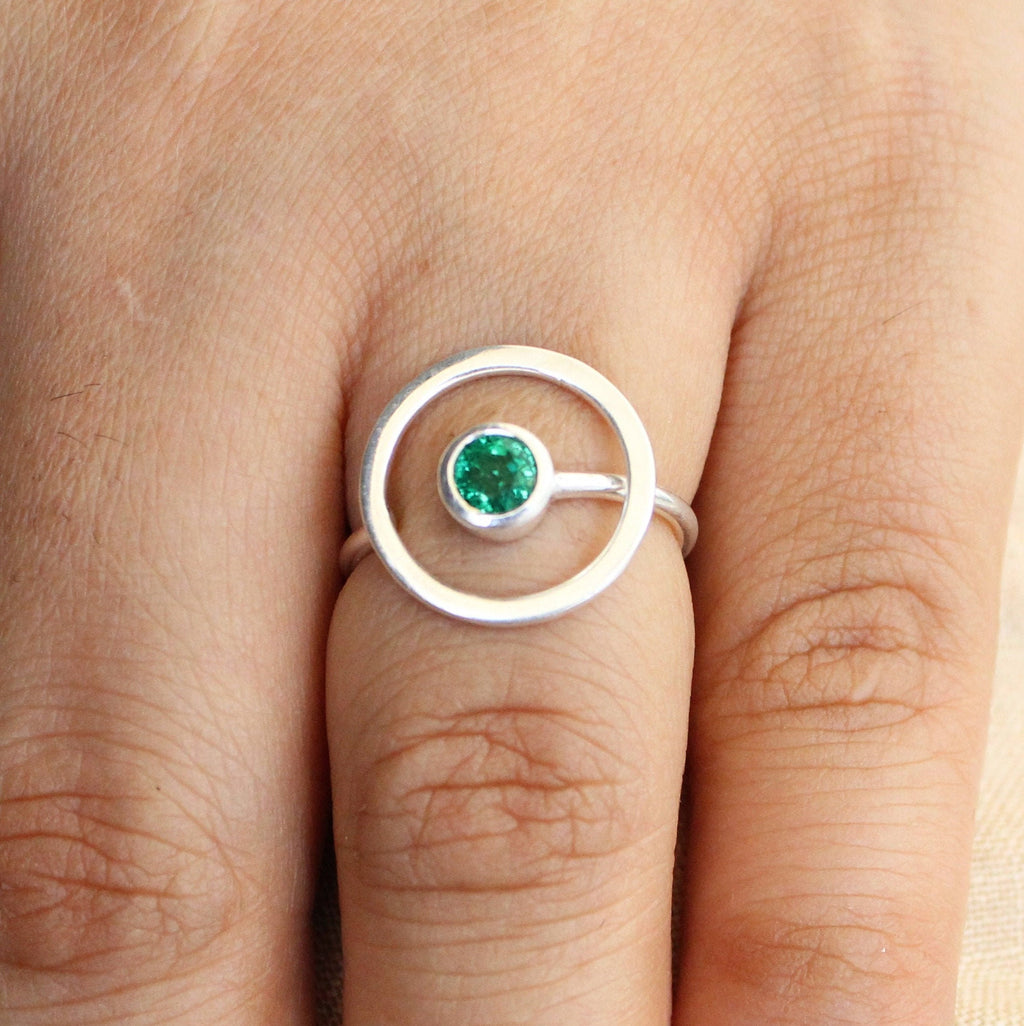 Natural Emerald Sterling Silver Ring, Modern May Birthstone Jewelry, emerald engagment ring
