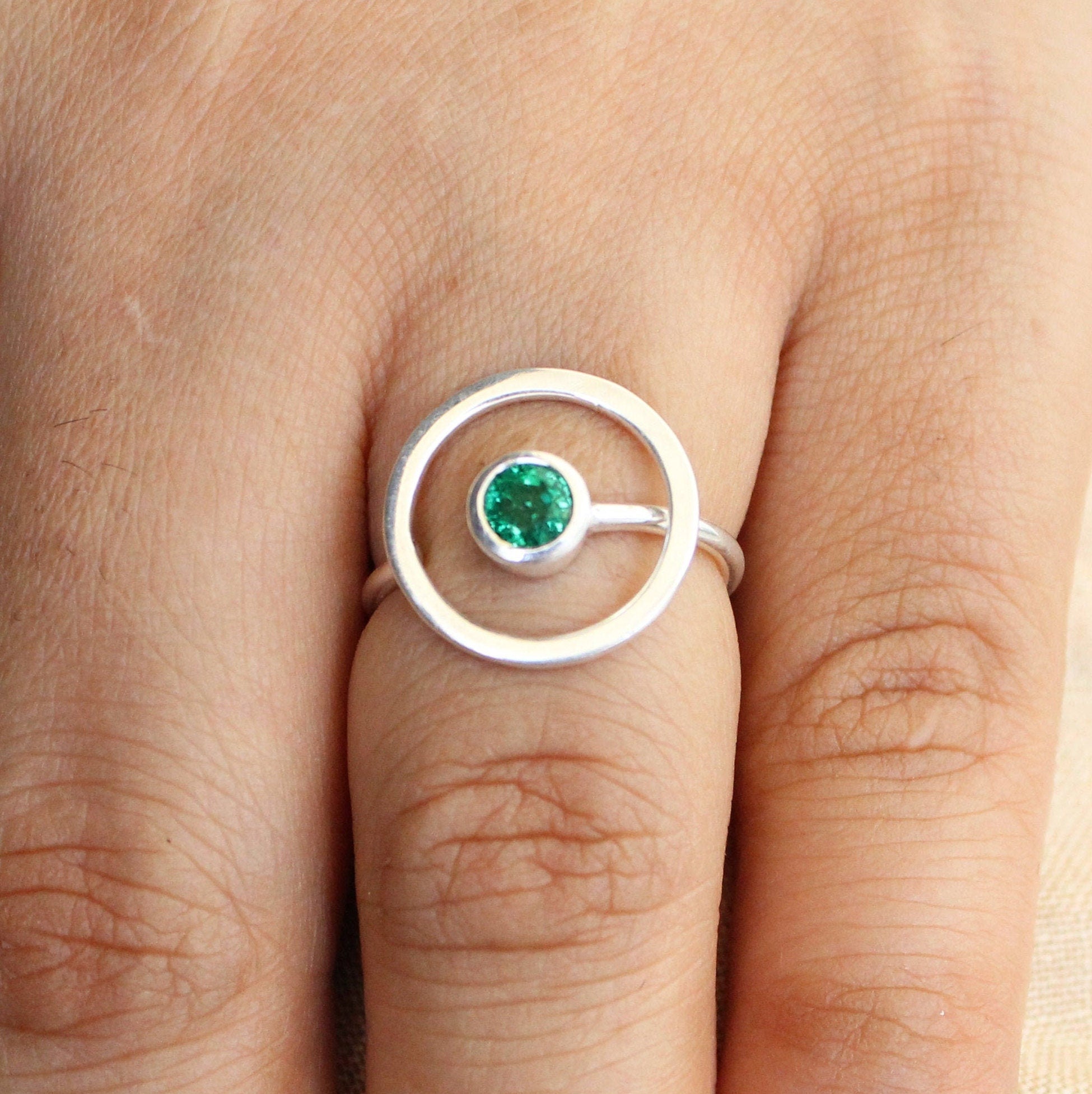 Natural Emerald Sterling Silver Ring, Modern May Birthstone Jewelry, emerald engagment ring