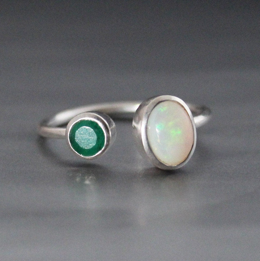 Emerald and Ethiopian Opal Ring, Sterling Silver Adjustable Band, Emerald Engagment Ring, Unique Gift For Her