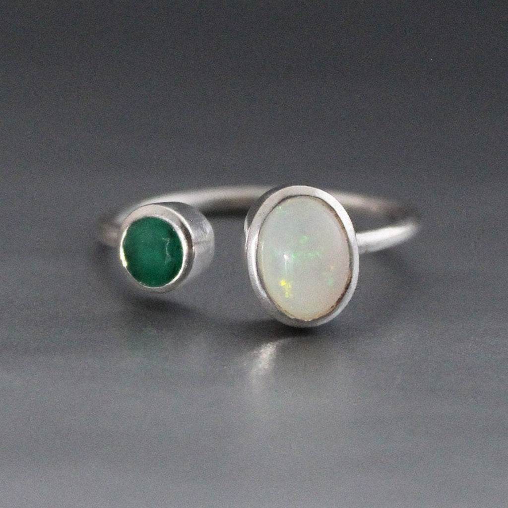 Emerald and Ethiopian Opal Ring, Sterling Silver Adjustable Band, Emerald Engagment Ring, Unique Gift For Her