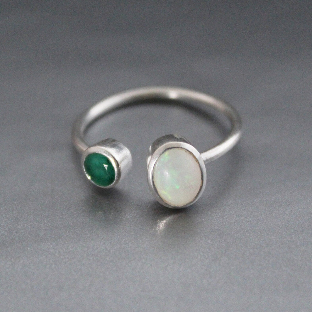 Emerald and Ethiopian Opal Ring, Sterling Silver Adjustable Band, Emerald Engagment Ring, Unique Gift For Her