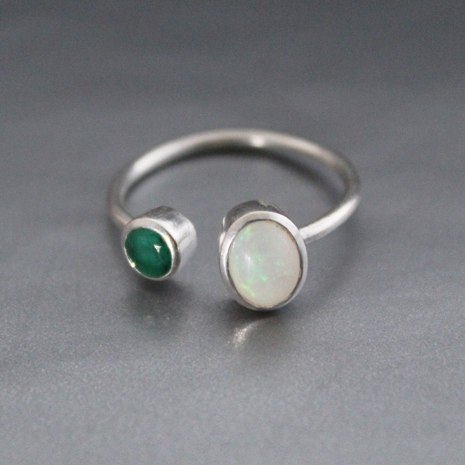 Emerald and Ethiopian Opal Ring, Sterling Silver Adjustable Band, Emerald Engagment Ring, Unique Gift For Her
