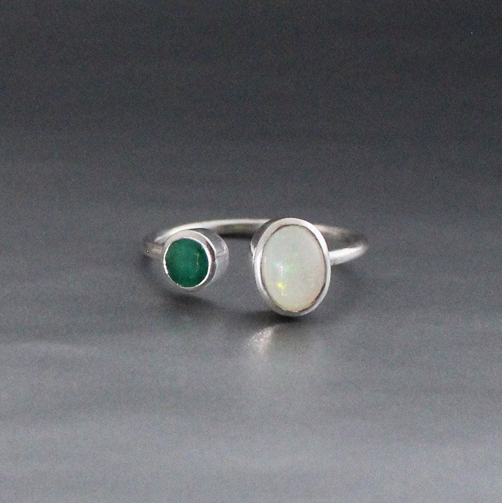 Emerald and Ethiopian Opal Ring, Sterling Silver Adjustable Band, Emerald Engagment Ring, Unique Gift For Her