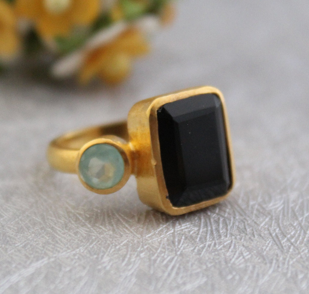 Black Onyx Rectangle Ring, 18K Gold, Two Stone, Woman Cocktail Ring, Handmade Onyx Ring, Boho Jewelry, Gift For Wife