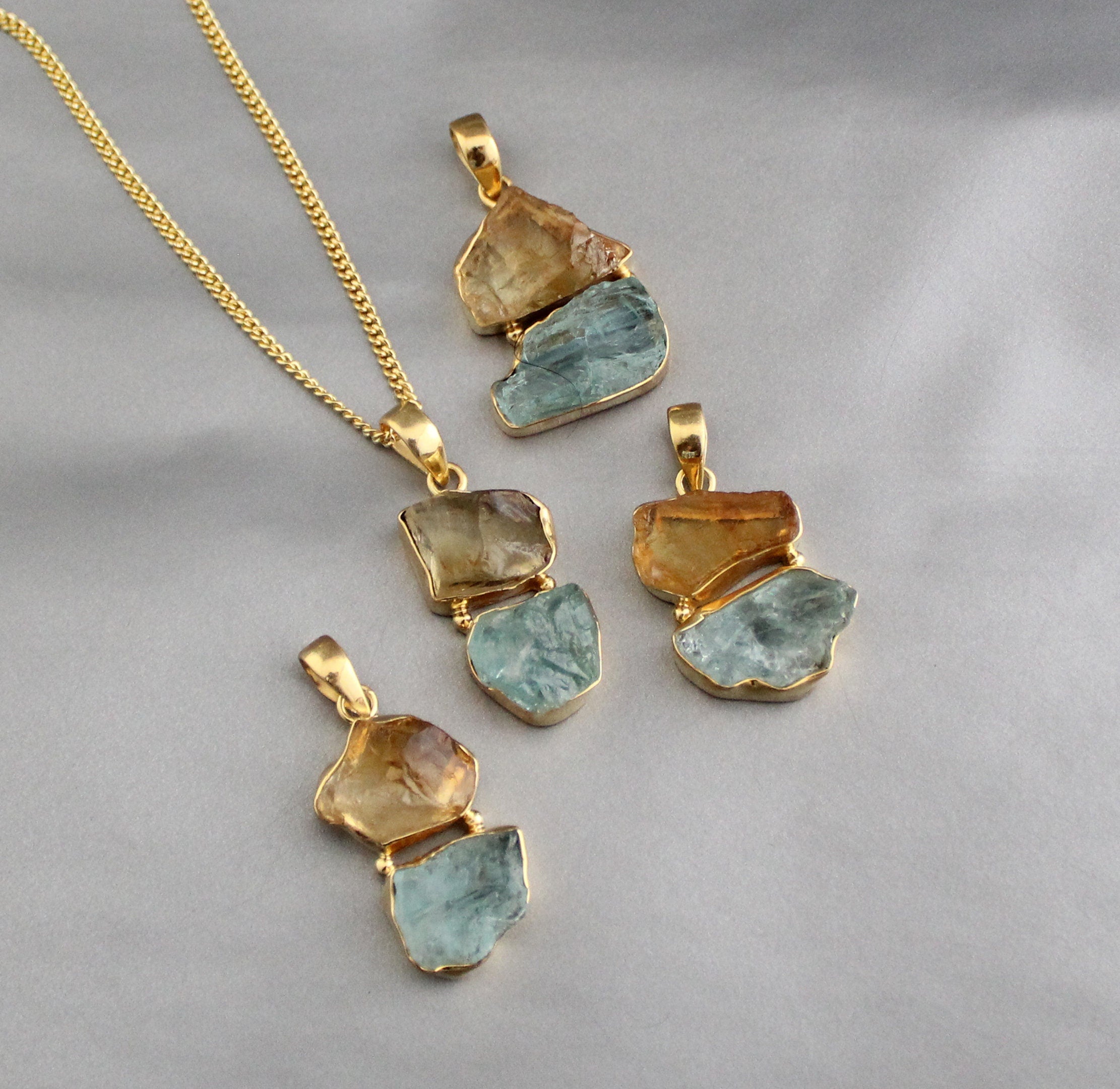 Raw Aquamarine & Citrine Pendant: Sterling Silver Healing Crystal Necklace
