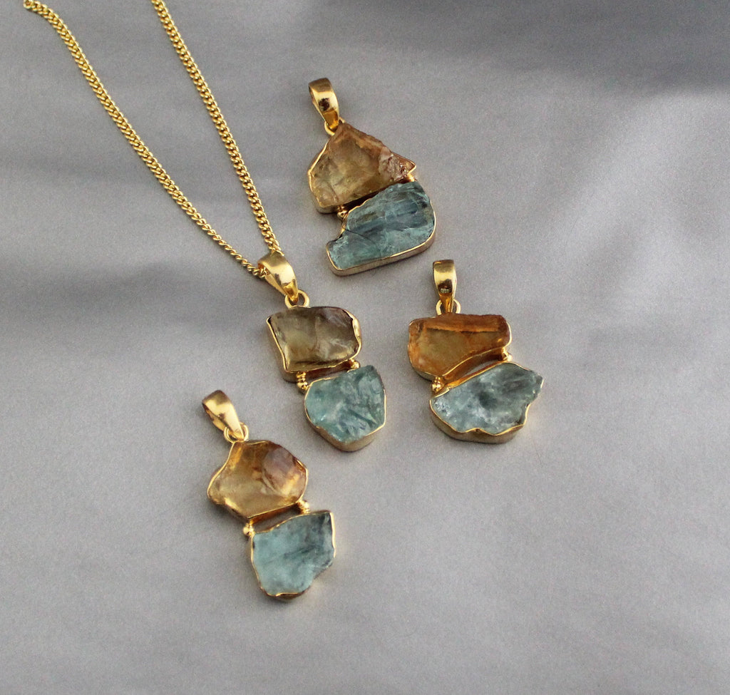 Raw Aquamarine & Citrine Pendant: Sterling Silver Healing Crystal Necklace