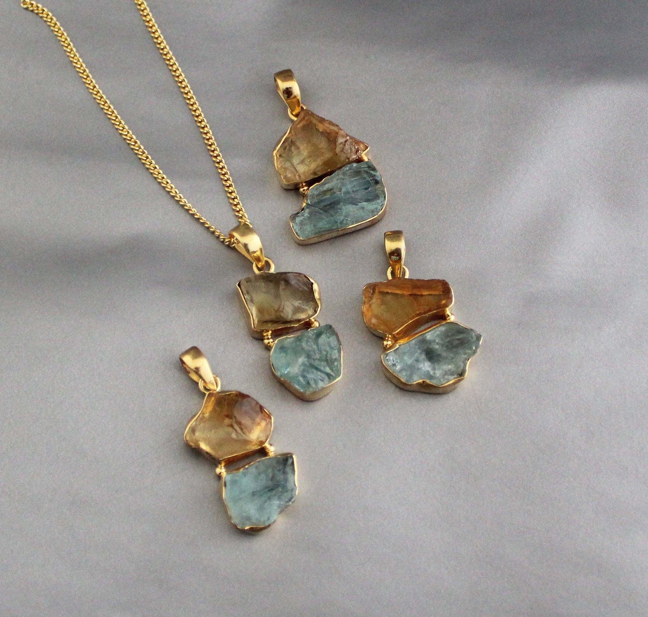 Raw Aquamarine & Citrine Pendant: Sterling Silver Healing Crystal Necklace