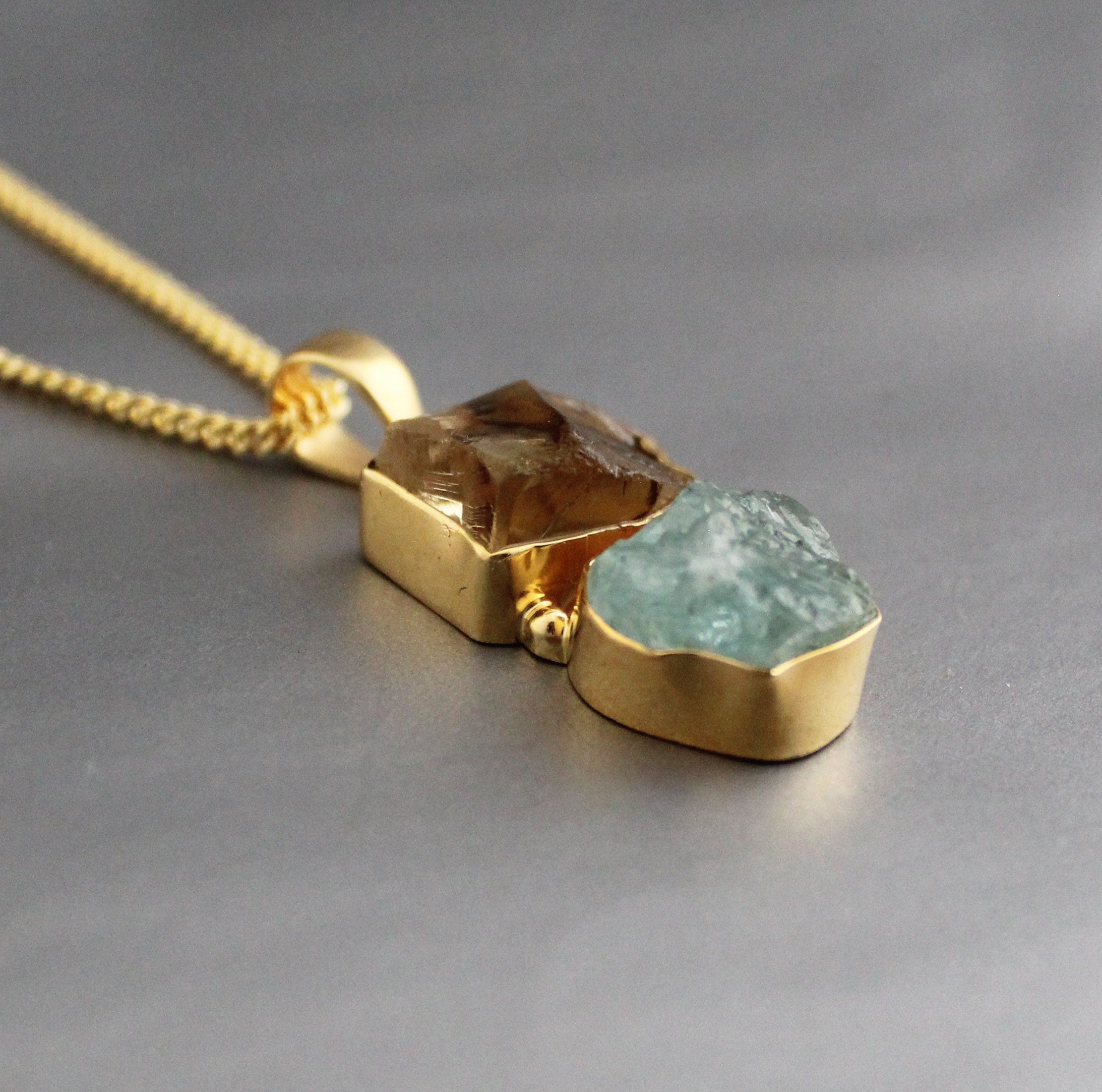 Raw Aquamarine & Citrine Pendant: Sterling Silver Healing Crystal Necklace
