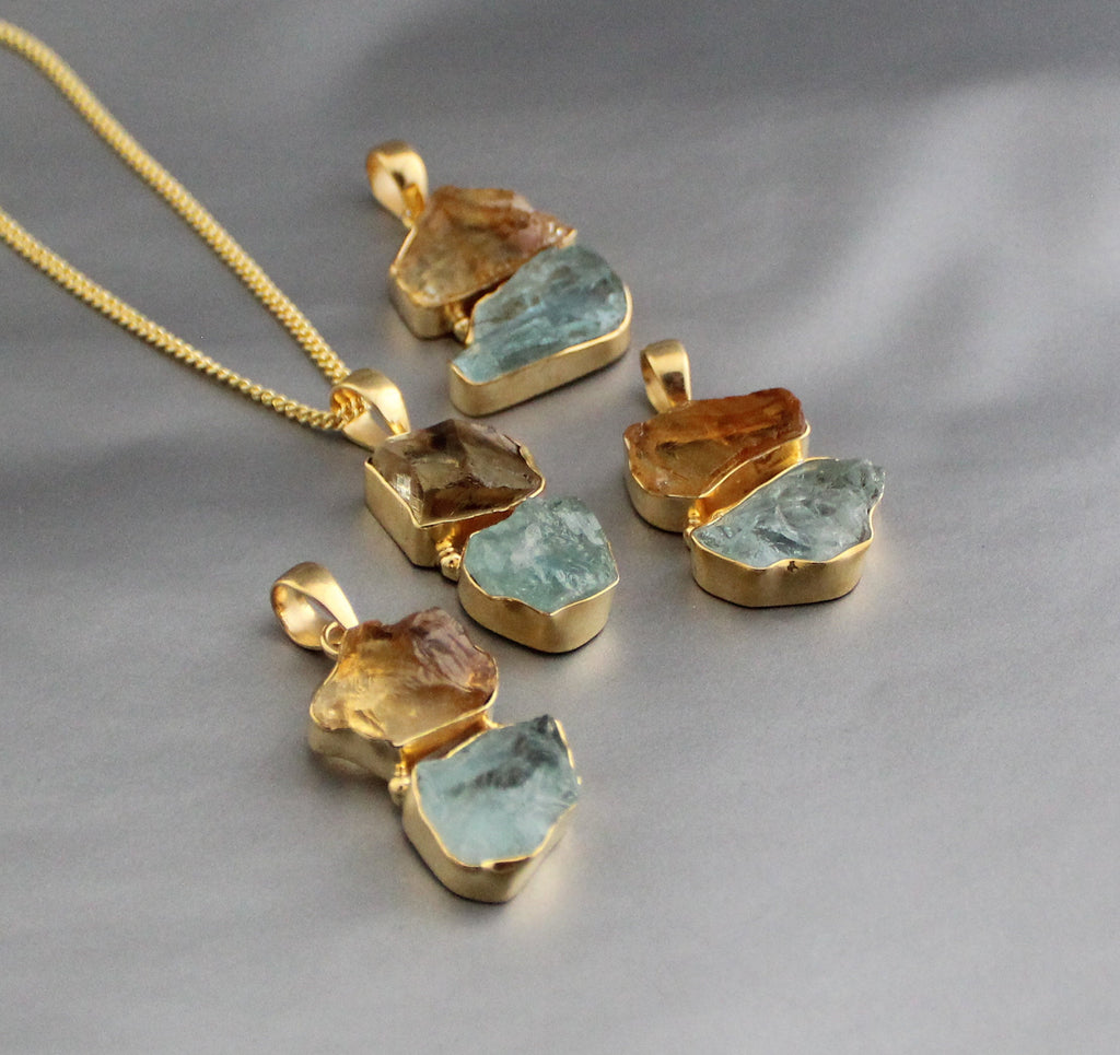 Raw Aquamarine & Citrine Pendant: Sterling Silver Healing Crystal Necklace