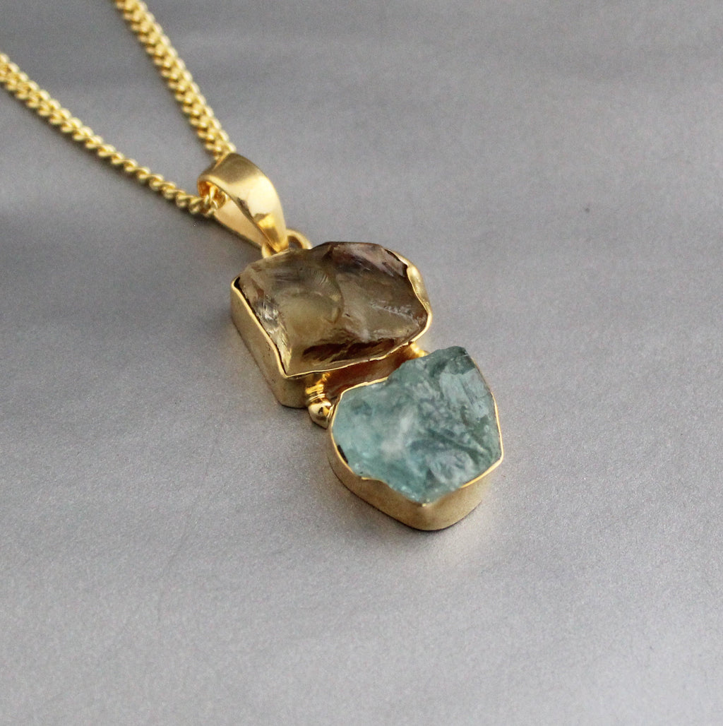 Raw Aquamarine & Citrine Pendant: Sterling Silver Healing Crystal Necklace