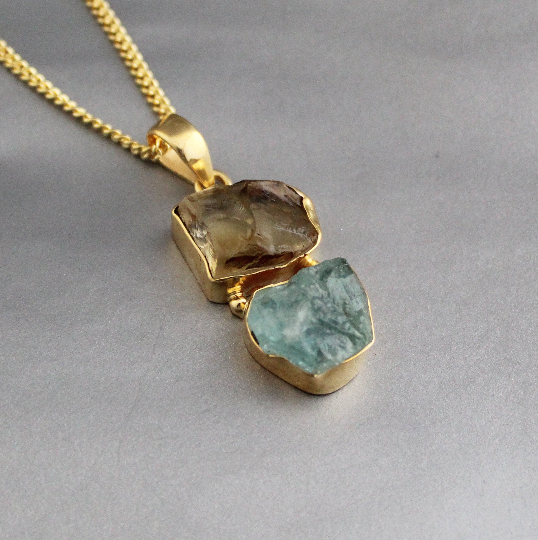 Raw Aquamarine & Citrine Pendant: Sterling Silver Healing Crystal Necklace