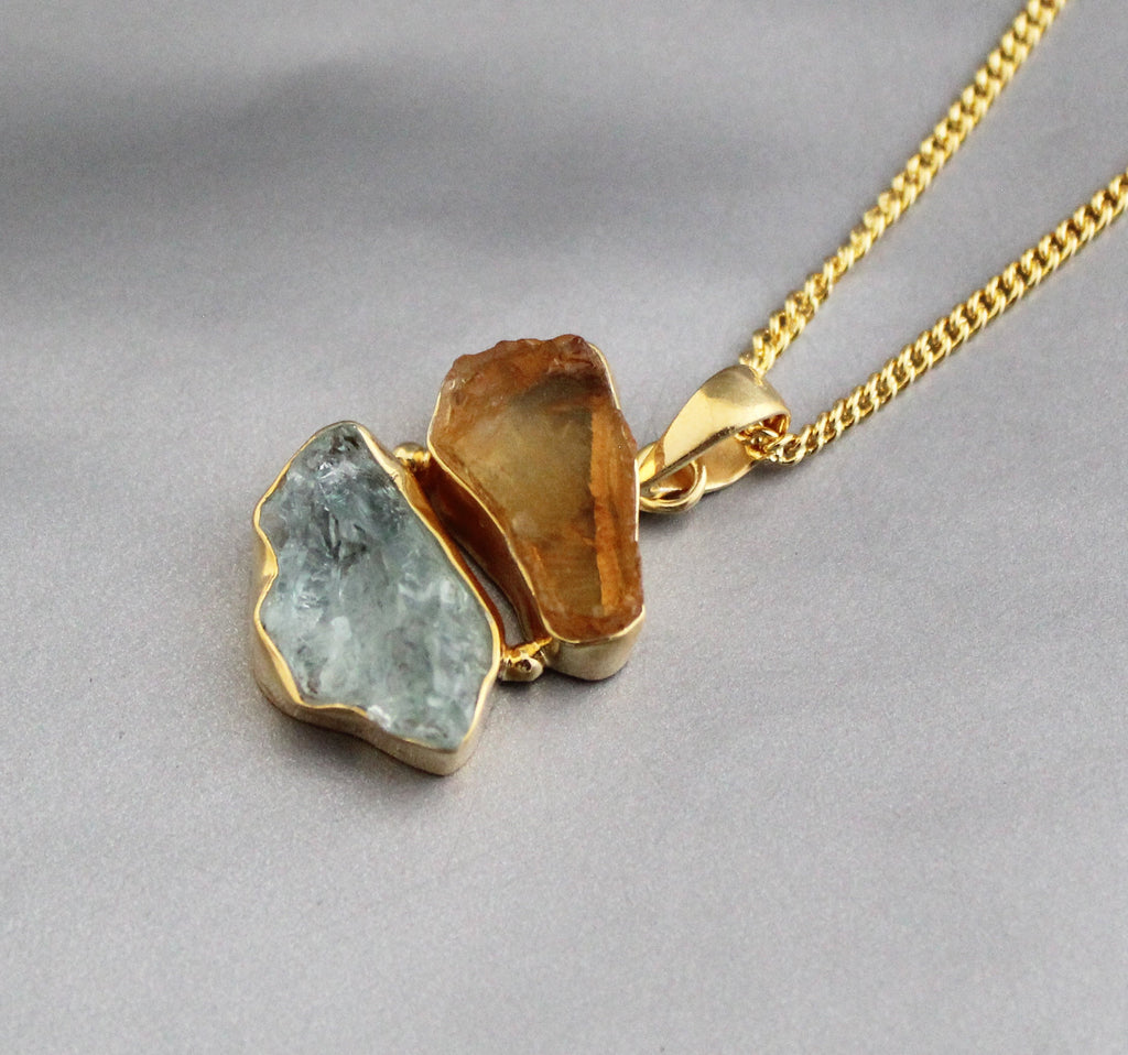 Raw Aquamarine & Citrine Pendant: Sterling Silver Healing Crystal Necklace