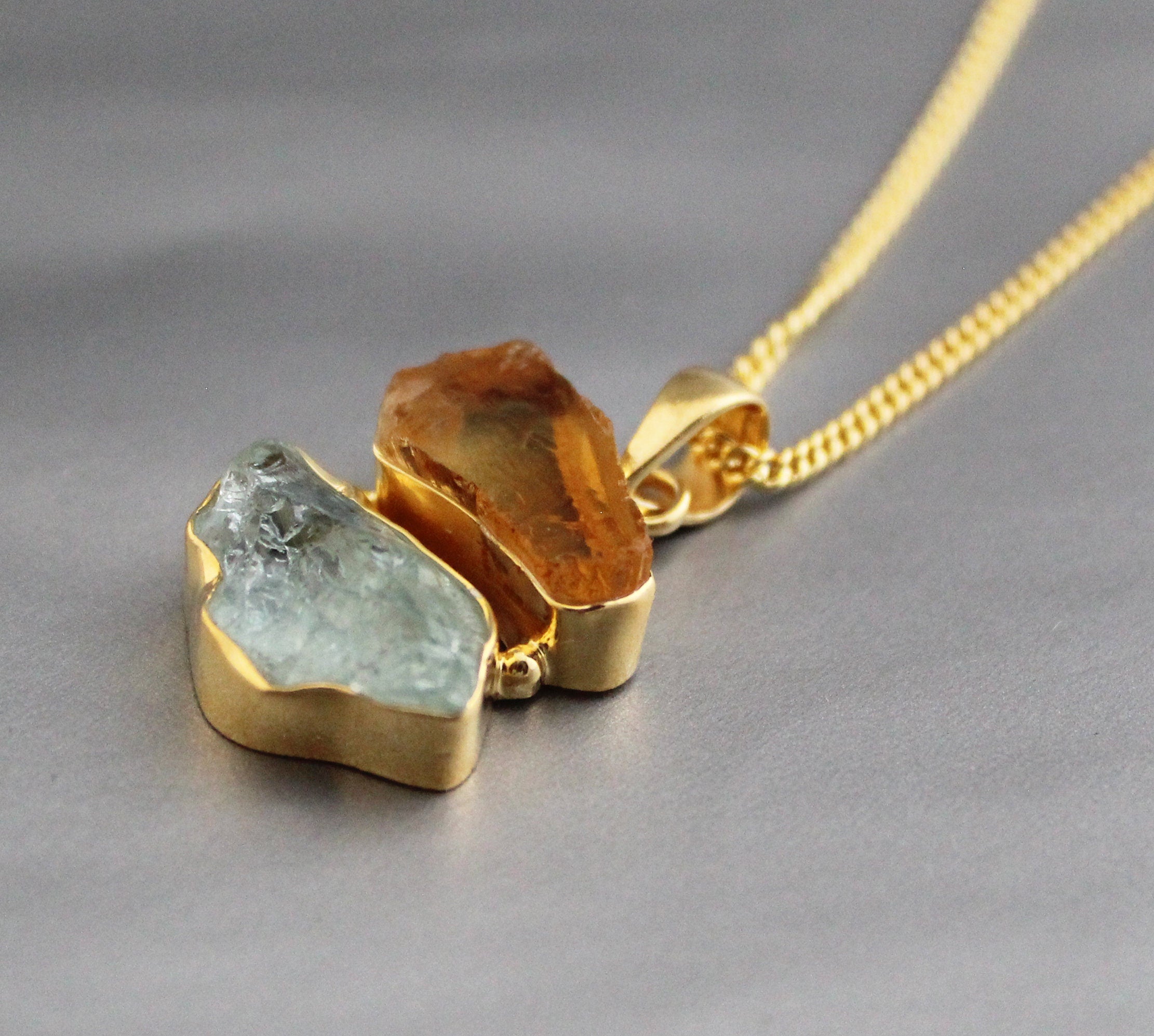 Raw Aquamarine & Citrine Pendant: Sterling Silver Healing Crystal Necklace