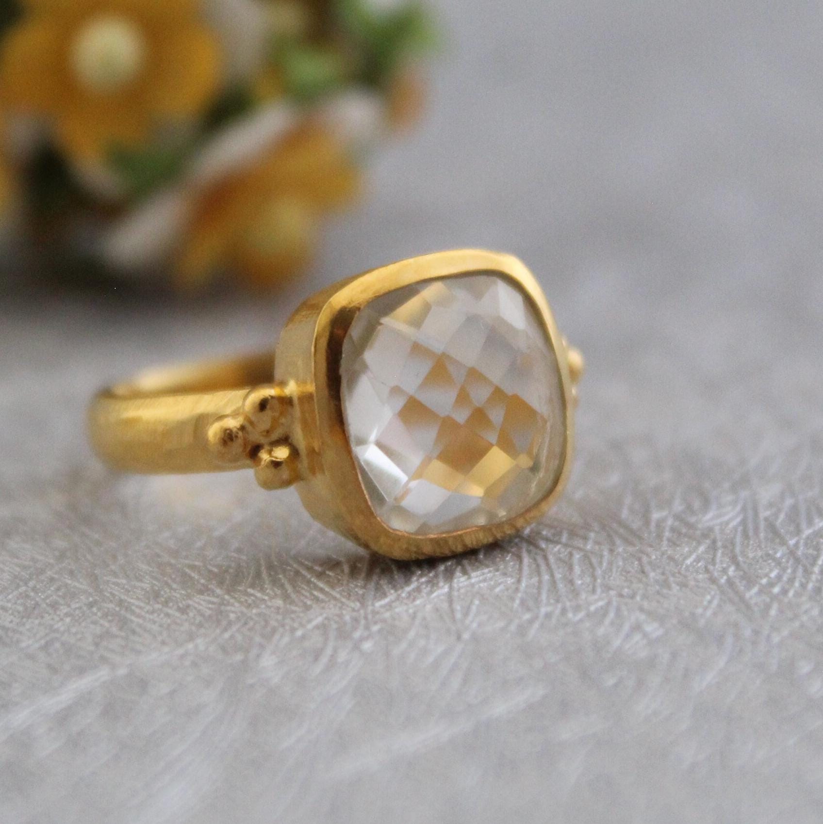 Clear Quartz Ring Gift For Friend, 925 Sterling Silver, Bridesmaid Gift, April Birthstone, Healing Crystal Jewelry, 18K Gold Micron Plated