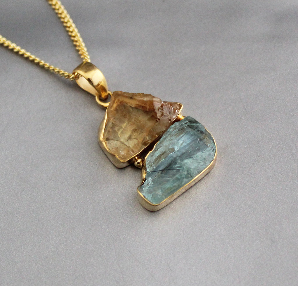 Raw Aquamarine & Citrine Pendant: Sterling Silver Healing Crystal Necklace