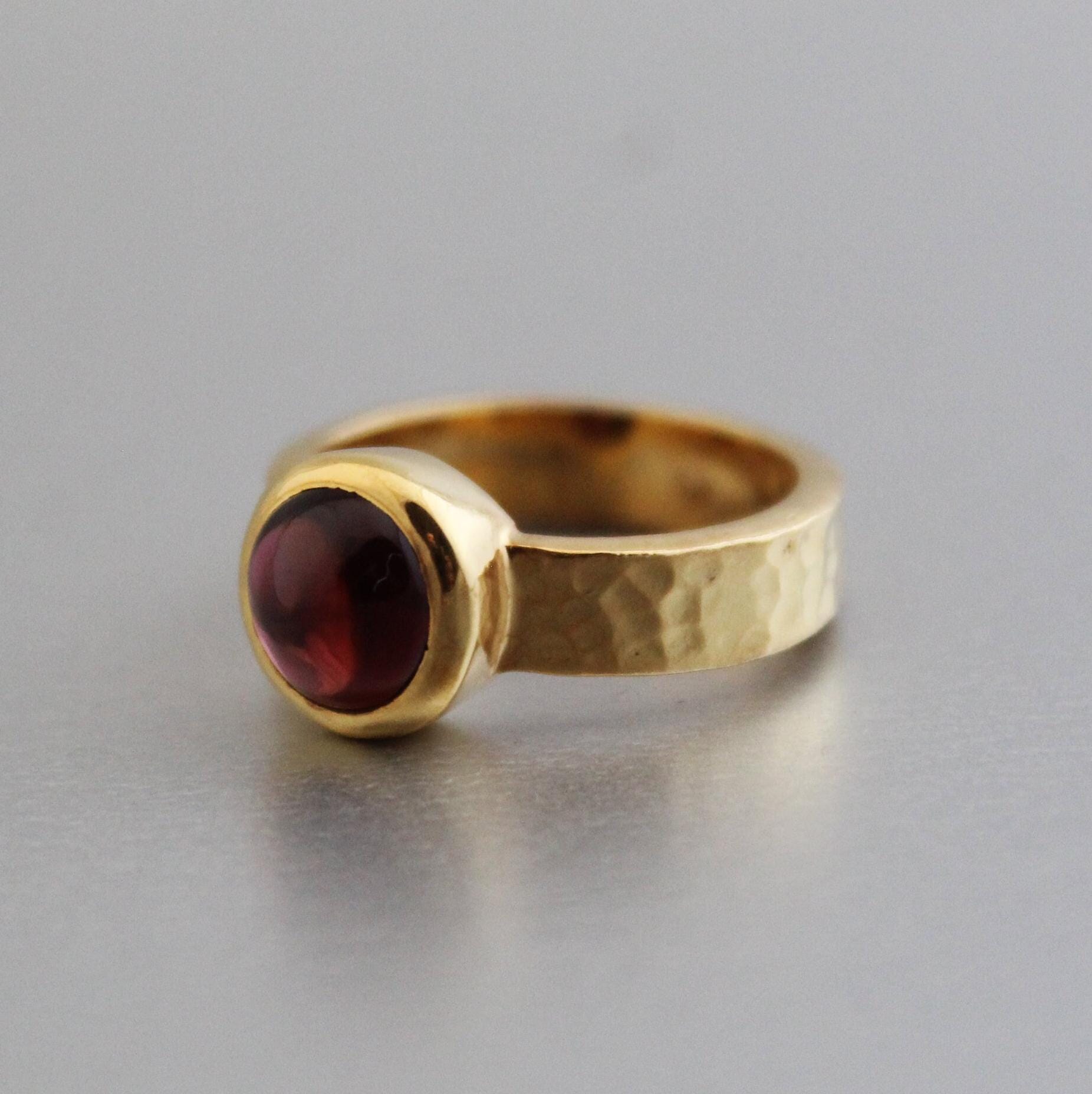 Natural Garnet Ring, 14k Gold Plated, Hammered Band, January Birthstone, Wedding Ring Gift