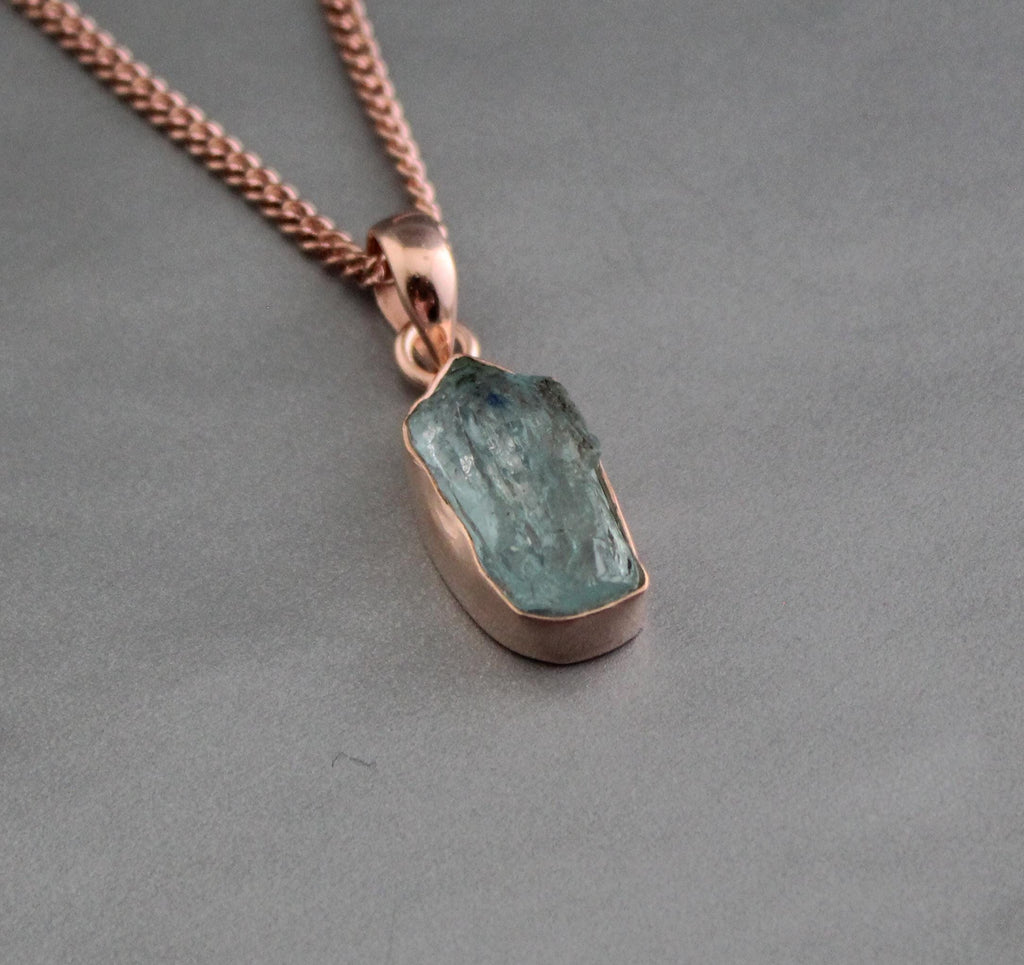 Raw Aquamarine Necklace: Rose Gold Sterling Silver, March Birthstone