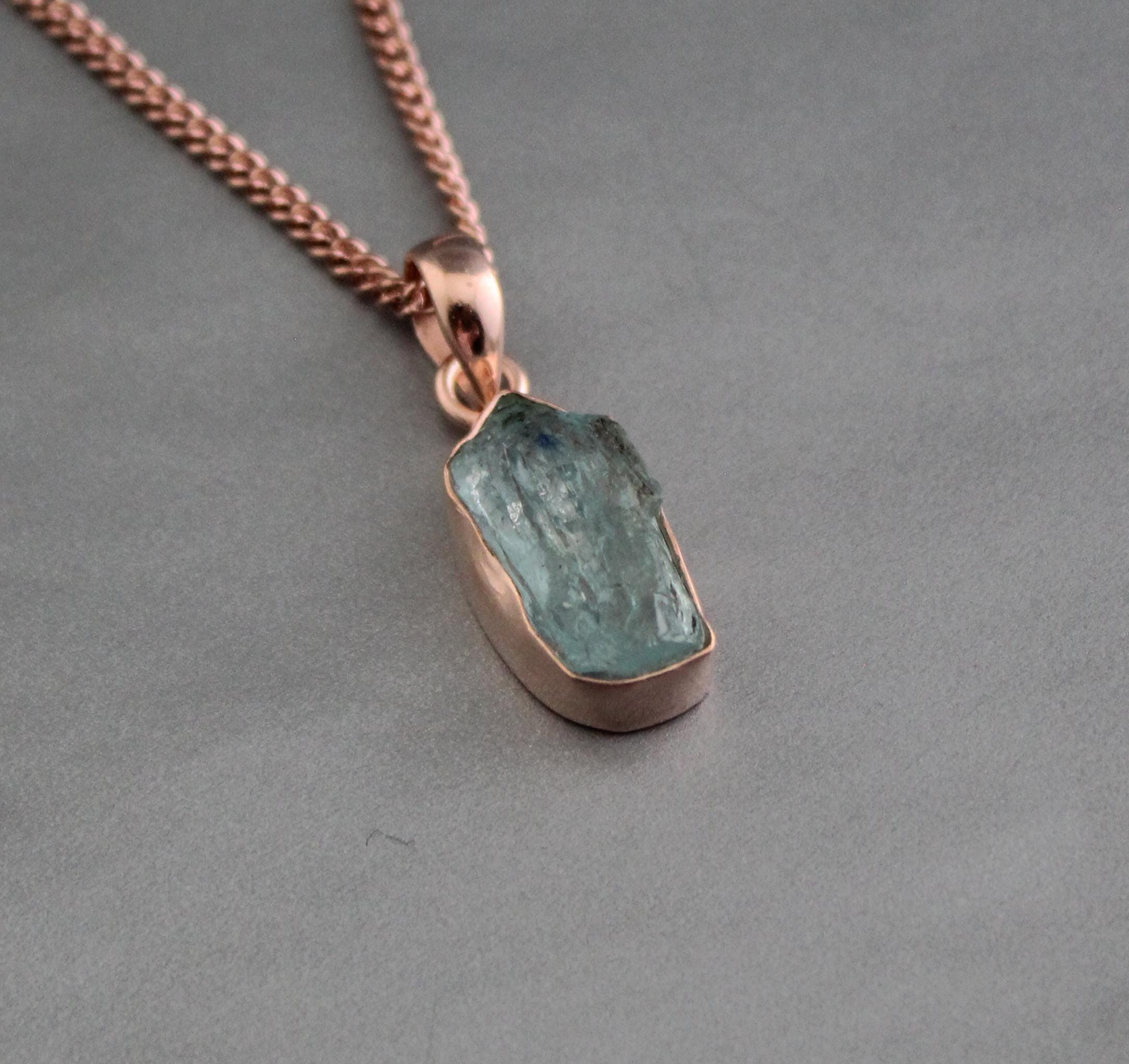 Raw Aquamarine Necklace: Rose Gold Sterling Silver, March Birthstone