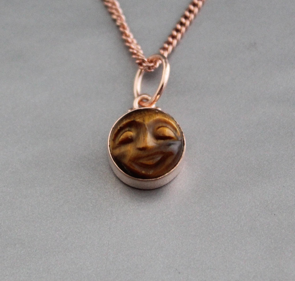 Tiger's Eye Moon Necklace, Rose Gold Sterling Silver, Celestial Pendant, Vintage Gemstone Jewelry, Minimalist Boho Necklace