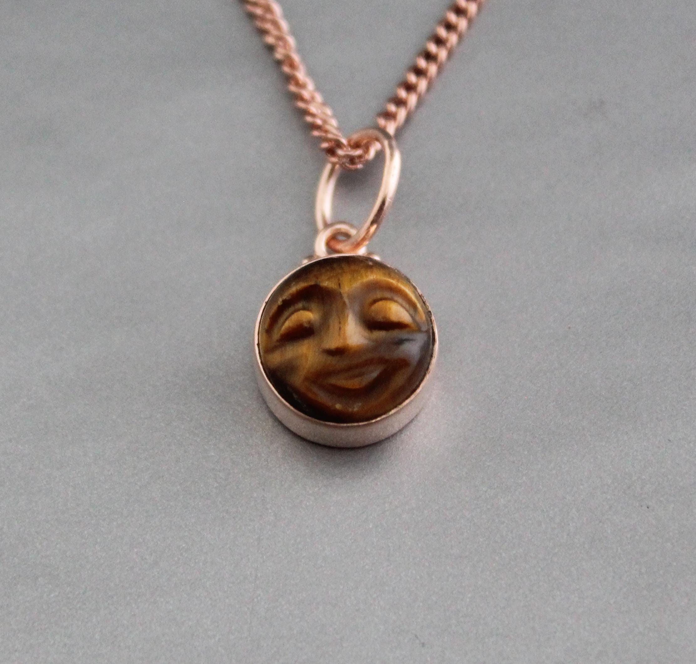 Tiger's Eye Moon Necklace, Rose Gold Sterling Silver, Celestial Pendant, Vintage Gemstone Jewelry, Minimalist Boho Necklace