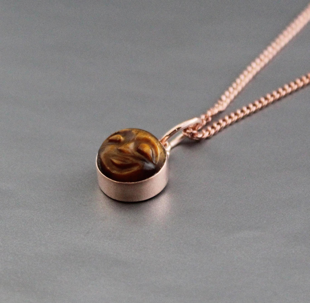 Tiger's Eye Moon Necklace, Rose Gold Sterling Silver, Celestial Pendant, Vintage Gemstone Jewelry, Minimalist Boho Necklace