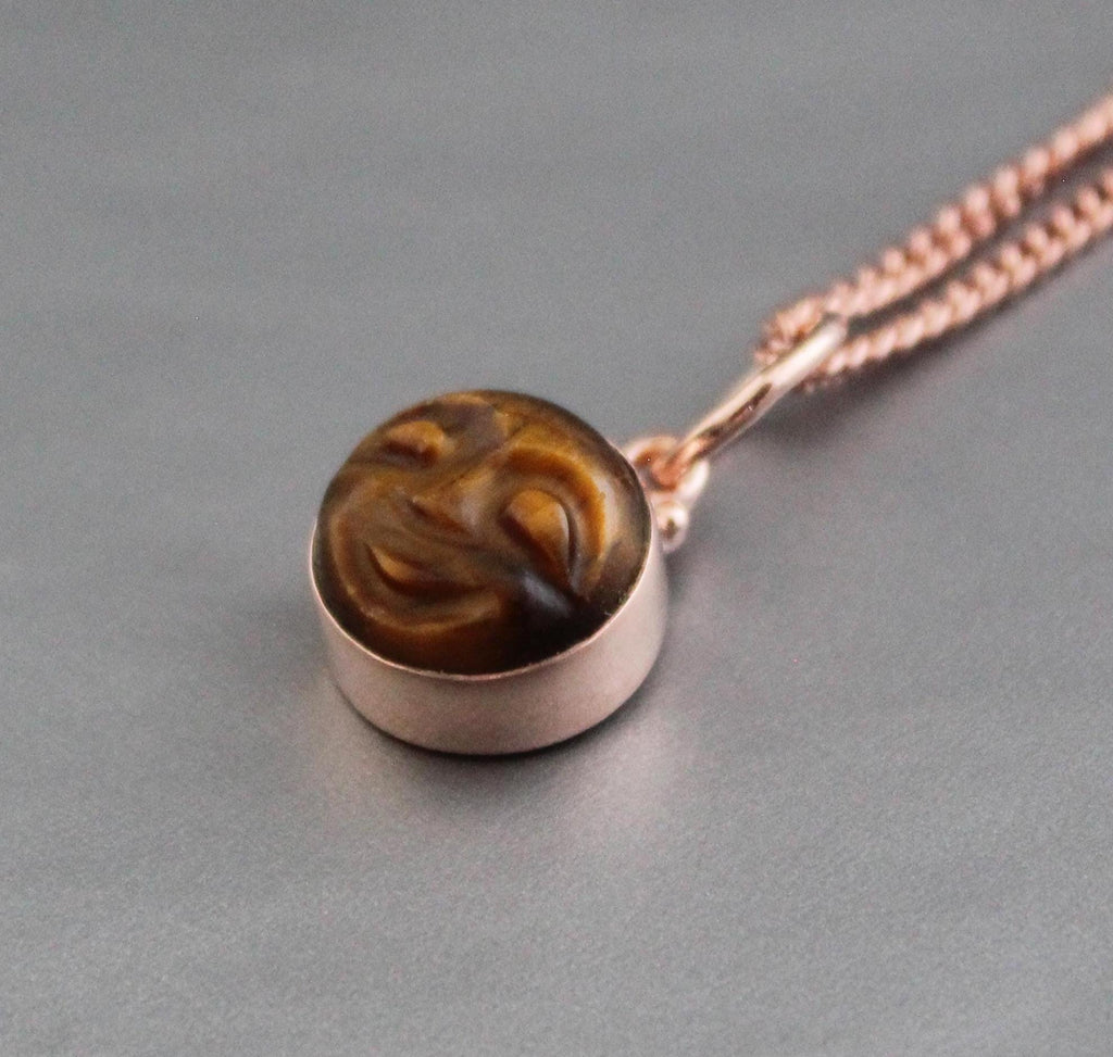 Tiger's Eye Moon Necklace, Rose Gold Sterling Silver, Celestial Pendant, Vintage Gemstone Jewelry, Minimalist Boho Necklace